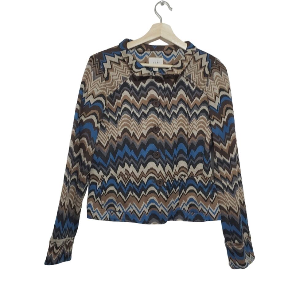eci | Retro Abstract Chevron Patterned Button Front Neutral Blazer with Pockets